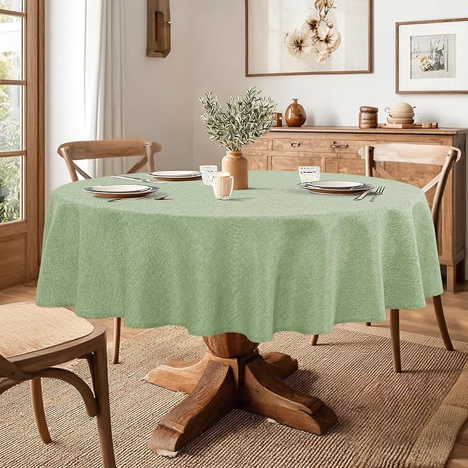 JIUZHEN Round Textured Table Cloth Linen Wrinkle Free Stain Resistant Farmhouse Decorative Circular Tablecloth for Kitchen, Dining, Party, Wedding, Outdoor Use (50 Inch Round,Sage Green)