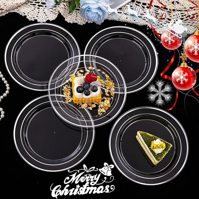I00000 100Pcs Clear Silver Plastic Plates,Silver Rim Plates 7 Inch,Heavy Duty Premium Clear Dish for Wedding Party Supplies for Salad Dessert Cake