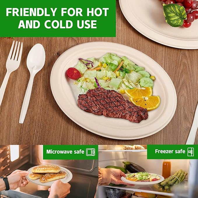 125 Pack Oval Paper Plates,10 Inch Disposable Paper Plates,Super Strong Oval Paper Dinner Plates,Compostable Biodegradable Sugarcane Plates for BBQ,Party,Picnic(Brown)