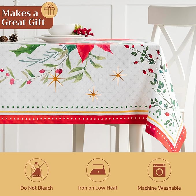 Maison d' Hermine Table Cloth Square Table 100% Cotton 60 x 60 Inches Fall Tablecloth Reusable Everyday Use for Thanksgiving Christmas Decorations Dining Farmhouse Party (Poinsettia Christmas)