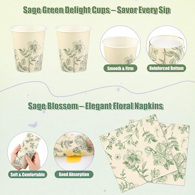 Kochorie 96 Pieces Sage Green Floral Party Supplies Elegant Floral Disposable Tableware Set Includes 9 Inch and 7 Inch Paper Plates, Cups, Napkins Serves 24 Guests for Birthday Baby Shower Wedding