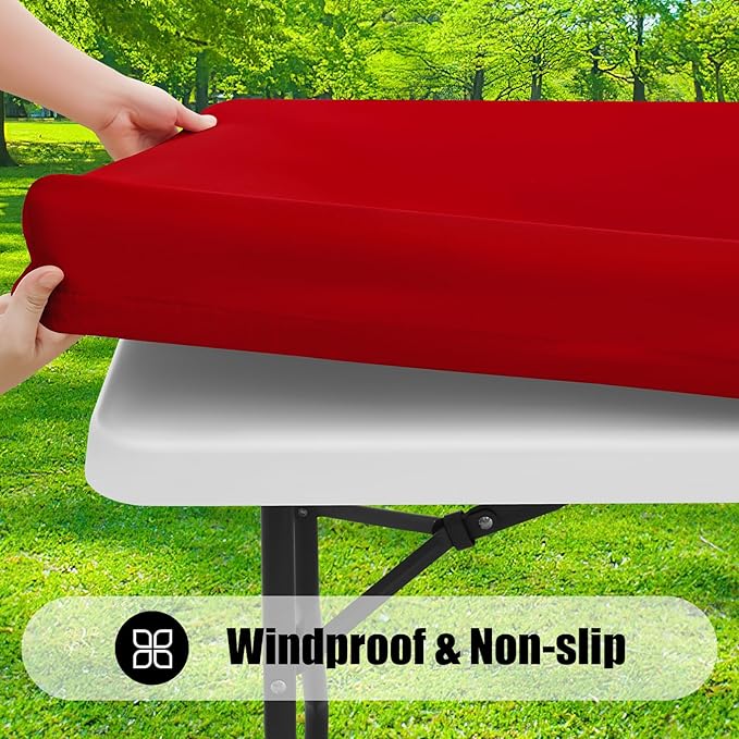 Smiry Rectangle Picnic Table Cloth, Waterproof Elastic Fitted Tablecloths for 8 Foot Tables, Washable Polyester Table Cover for Camping, Indoor and Outdoor (Red, 30"x96")