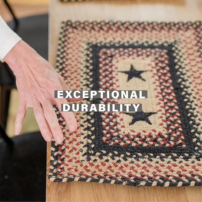Homespice Primitive Star Gloucester Jute Braided Oval Placemats, Warm Primitive Decor, Set of 6, 13x19 Black and Red Table Mats - Vibrant Colors, Durable, Easy to Clean and Protects Furniture
