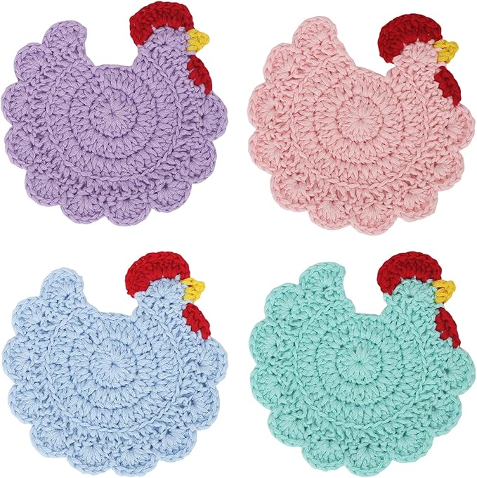 Funny Chicken Coasters Set of 4, Handmade Crochet Farmhouse Style Drink Coasters, Cute Knitted Desk Accessories for Home Decor, Unique Housewarming Gifts (Style A)