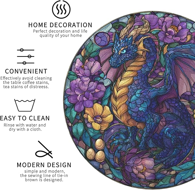 Dragon Coasters Leather Round Drink Coasters 6 Pcs Set with Holderor for Cup Drink Coffee Table Bar Home Decor