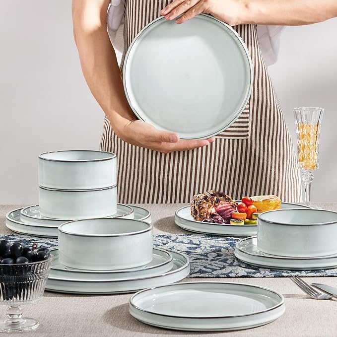 Herogo 24 Pieces Stoneware Dinnerware Set for 8, Ceramic Dinner Dishware Sets for Home Kitchen, Plates and Bowls with Rustic Terracotta Bottom, Dishwasher & Microwave Safe, Icy White