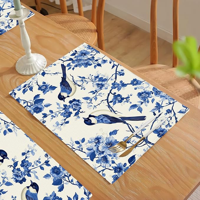 Flower Bird Placemats Set of 4, Blue Birds Place Mats,Blue and White Floral Waterproof Washable Table Mats for Home Party Indoor Kitchen Dining Table Decoration 12x18 Inch