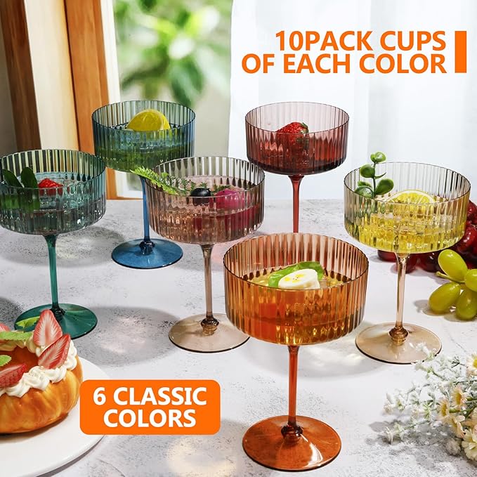60 Pcs Ribbed Martini Glasses 10 oz Disposable Plastic Vintage Ribbed Coupe Glasses Unbreakable Dessert Parfait Glassware for Wedding Birthday Party Supplies (Classic Color)