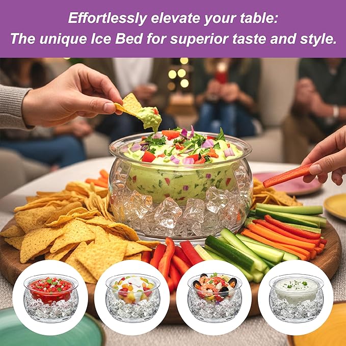 Amazing Abby - Ice Bed - Acrylic Chilled Dip Server Bowl with Ice Chamber (1-Pack), Clear Plastic Iced Serving Bowl, Keeping Dips and Condiments Cold and Fresh for Party, Picnic, Outdoor Dining