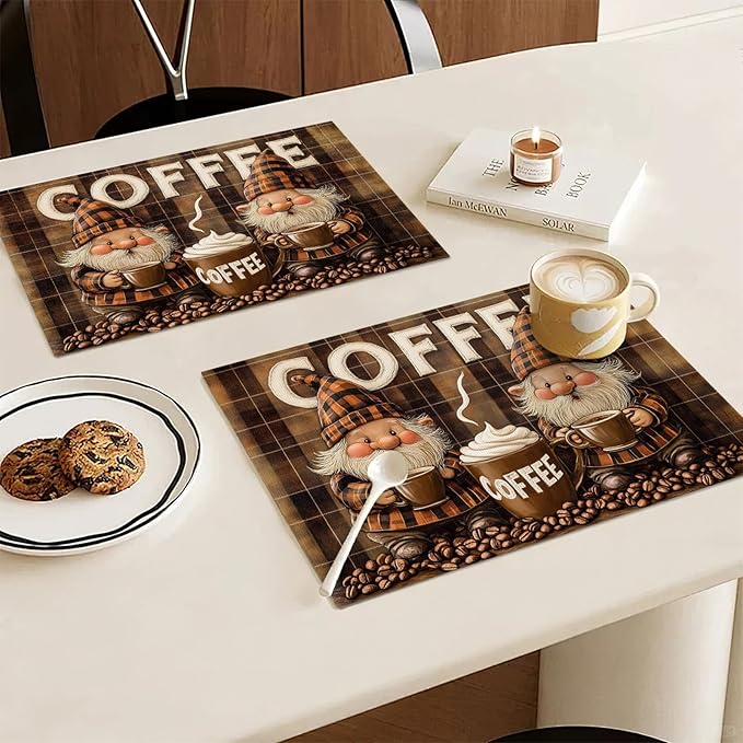 Coffee Gnomes Placemats Set of 4, Cafe Station Table Mats, Washable Place Mats for Coffee Bar Home Party Indoor Kitchen Dining Table Decor 12x18 Inch