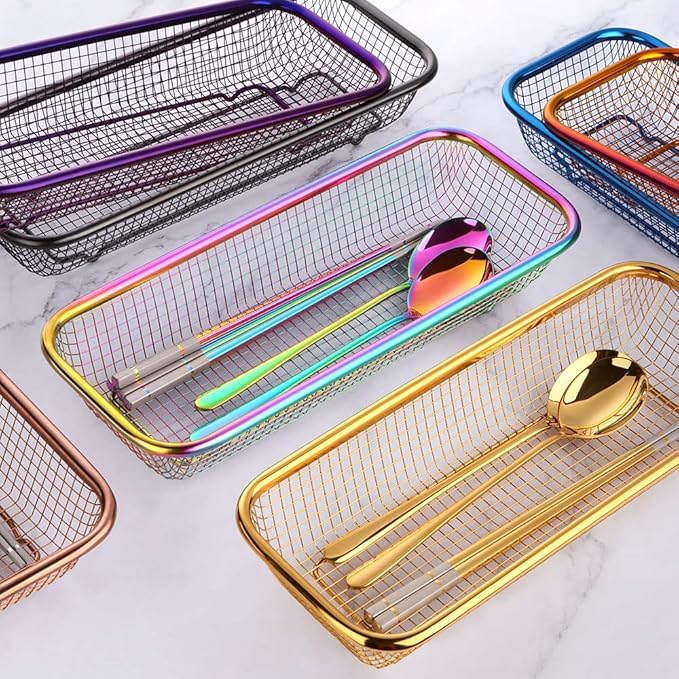 Gold Kitchen Drawer Organizer, Stackable Mesh Storage Baskets, Stainless Steel Silverware Organizer for Holding Knife Fork Spoon, 12.5"x5"x2.5", Pack of 2