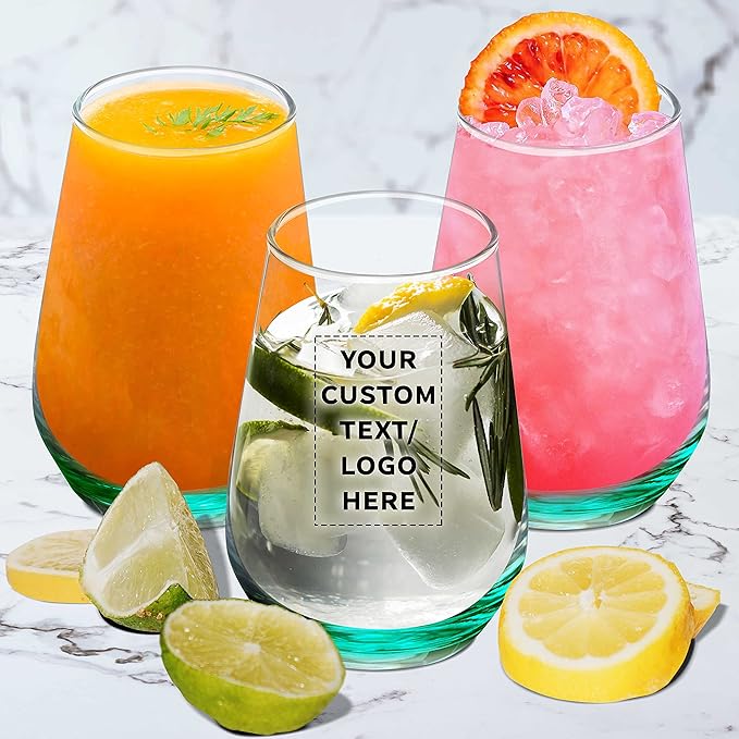 DISCOUNT PROMOS 10 Vaso Silicia Stemless Wine Glasses Set, 16 oz. - Personalized Text, Logo - Clear, Orb-Like, Thick base - Green