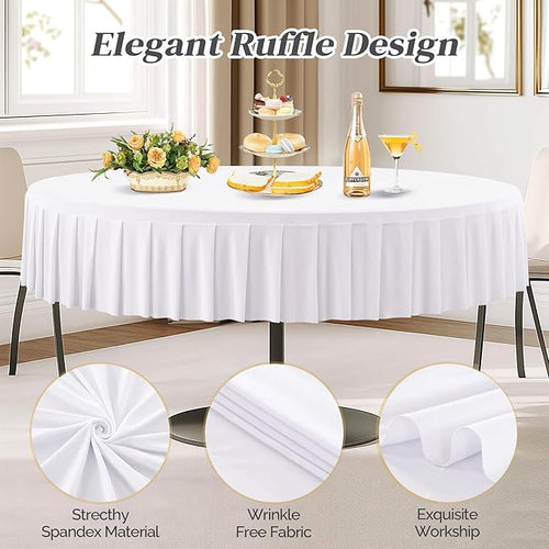 4 Pack White Spandex Round Tablecloths for 72in Table, Stretchy Fitted 6FT Round Table Cloths, Wrinkle Free Table Cover with Skirt for Wedding Birthday Party Bridal Shower Banquet