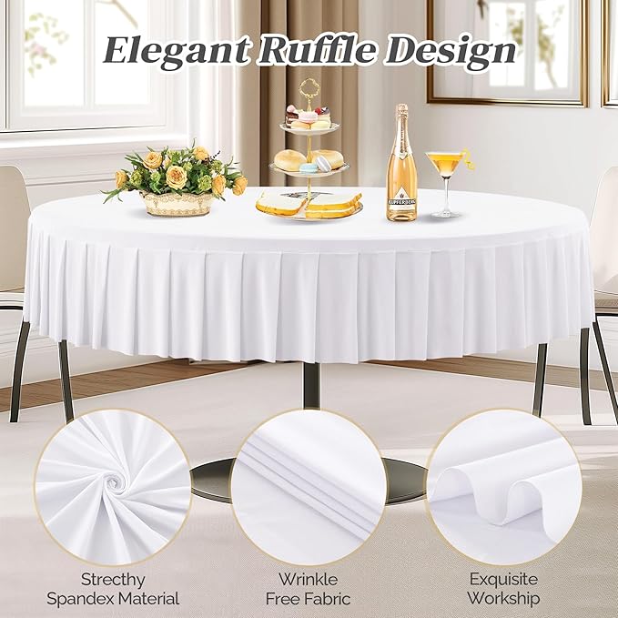 1 Pack White Spandex Round Tablecloths for 72in Tables, Stretchy Fitted 6FT Round Table Cloths, Wrinkle Free Table Cloth with Skirt for Wedding Birthday Party Bridal Shower Banquet Baby Shower