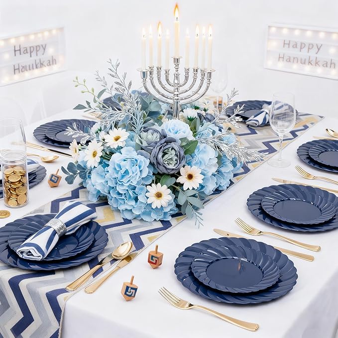 U-QE 100PCS Blue Disposable Plates - Heavy Duty Blue Plastic Hanukkah Plates for Hanukkah/Party/Wedding - Include 50PCS 9inch Dinner Plates and 50PCS 6.5inch Dessert/Salad Plates