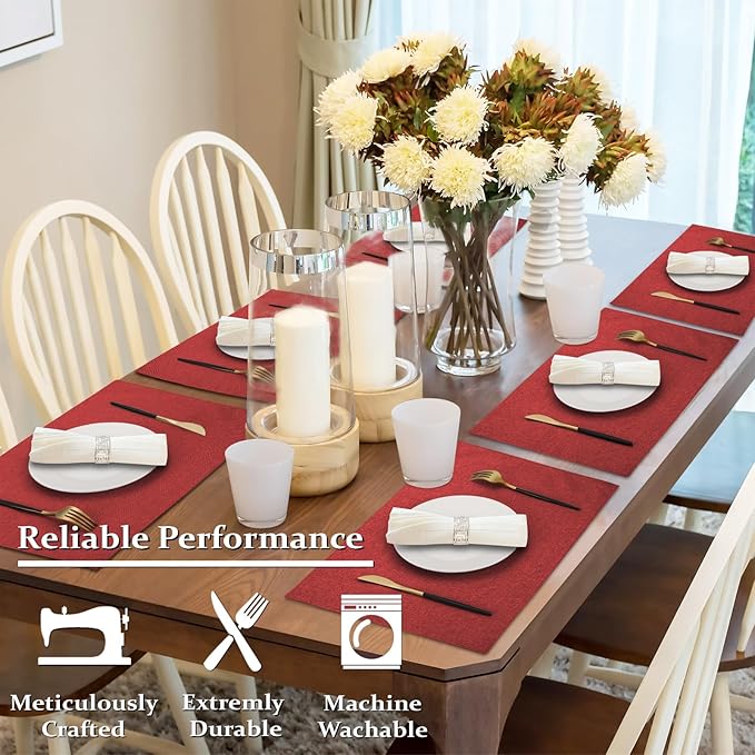 Red Cloth Placemats Set of 6, Cotton Linen Blend Machine Washable Double Layered Durable Place Mats Heat Resistant Placemats Wrinkle Free Thick Fabric Dining Table Mats (Red, 6)