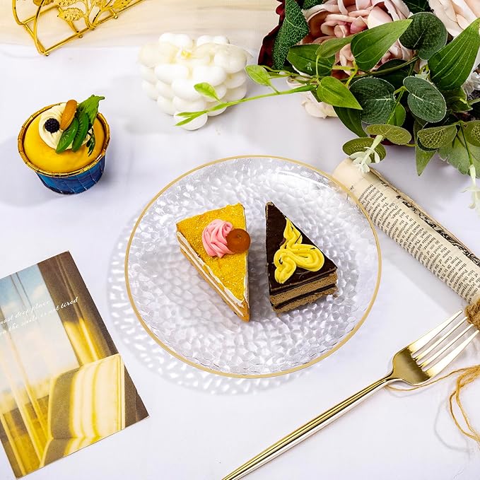 Rubtlamp 200 Pcs Clear Dessert Plates 7" with Forks 7.6",Clear Plastic Cake/Appetizer Platos, Dessert Plates Disposable, Hammered Party Platos Include 100platos and 100forks for Party&Birthday
