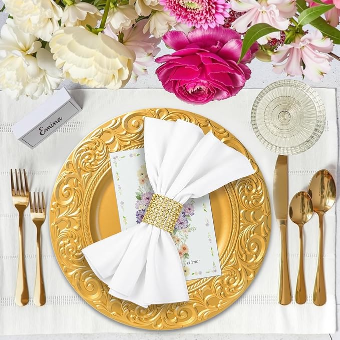 PROY Antique Charger Plates Set, 50 Pcs 13in Plastic Embossed Gold Chargers for Dinner Plates, Round Floral Gold Chargers for Table Setting, Wedding, Party, Event