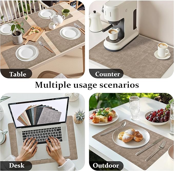 FROMHEART Faux Leather Placemats Set of 6–Waterproof,Heat/Oil Stain-Resistant PU Table Mat–Reversible,Non-Slip,Easy to Clean Place Mats for Kitchen,Dining,Indoor/Outdoor,(Light Coffee,11.8" x 17")