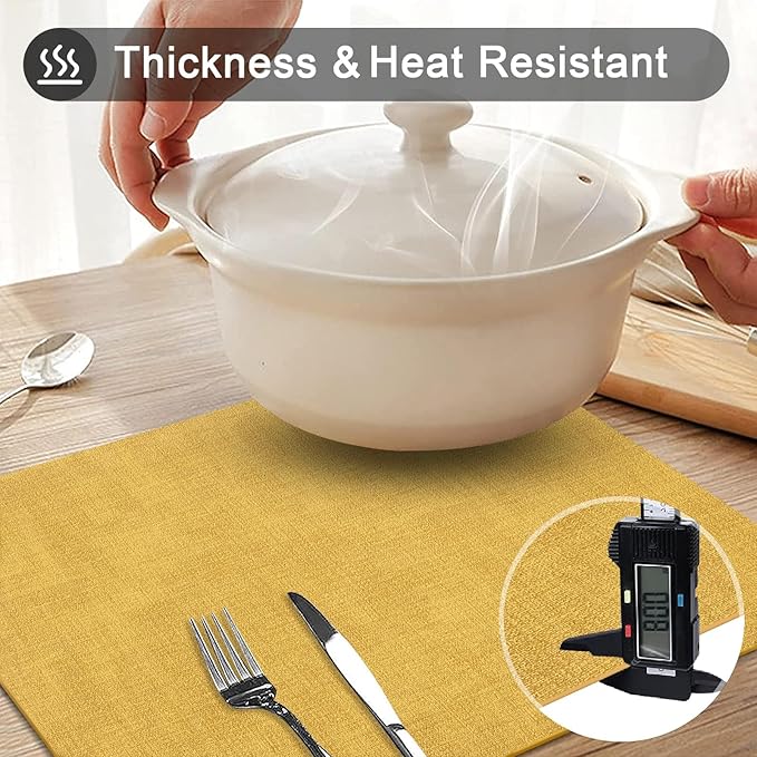 homing Faux Leather Heat Resistant Placemats 4 Packs, Waterproof Wipeable Dining PU Place Mats for Indoor & Outdoor, Easy to Clean, Yellow