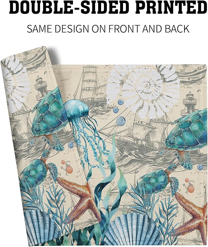 Nautical Placemats Set of 4 - Vintage Coastal Place Mats 12x18 Sea Turtle Table Mats Beach Kitchen Mats for Party Dining Table
