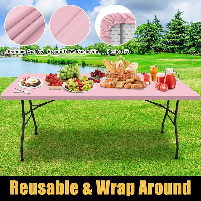 Smiry Rectangle Picnic Table Cloth, Waterproof Elastic Fitted Tablecloths for 6 Foot Tables, Washable Polyester Table Cover for Camping, Valentine's Day and Outdoor (Pink, 30"x72")