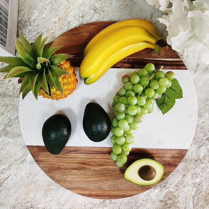 18 Inch Large Marble and Wood Lazy Susan Turntable - Rotating Serving Tray for Dining Table Centerpiece, Heavy Duty 360 Spinning Platter for Kitchen Countertop, Pantry & Charcuterie Board