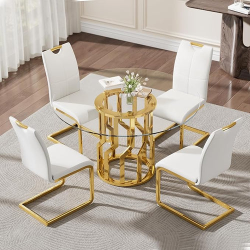 47.2" Round Glass Dining Table Set for 4, Modern 5 Piece Kitchen Table Set with Gold Stainless Steel Base & 4 PU Leather Accent Chairs, Saving Space, Dining Set for Apartment, Home - White Chair