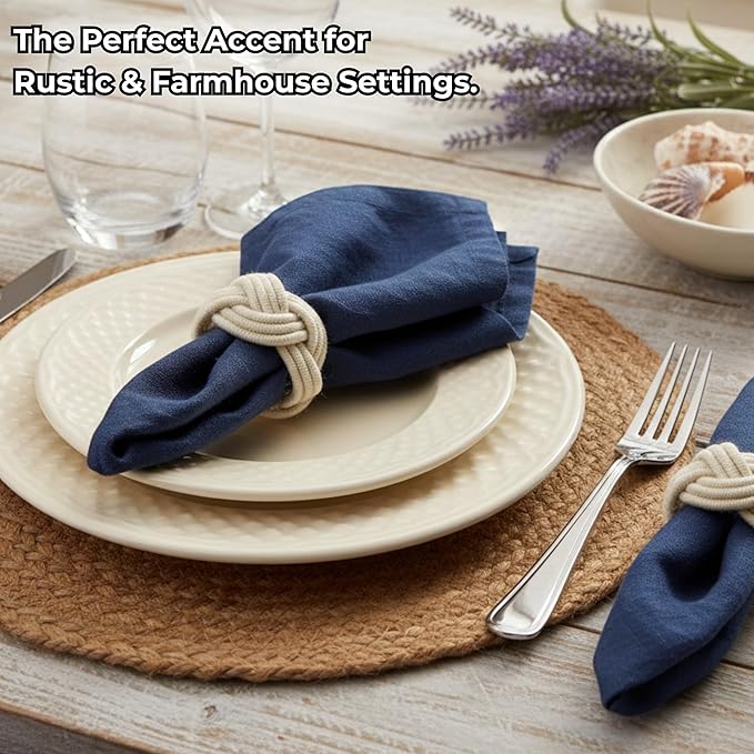 ALPHA Living HOME 8 Pcs Jute Napkin Rings Decorative Napkin Holder Serviette Buckles for Wedding Party Dinner Table Decor Anniversary Birthday Romantic Dinner Holiday, Wedding Daily Use (Off White)