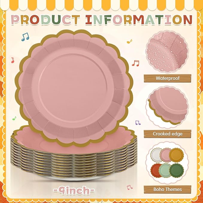 48 Pcs Fall Boho Paper Plates 9 Inch Gradient Scalloped Paper Disposable Dinner Dessert Plates for Birthday Wedding Bridal Party Supplies, 6 Colors