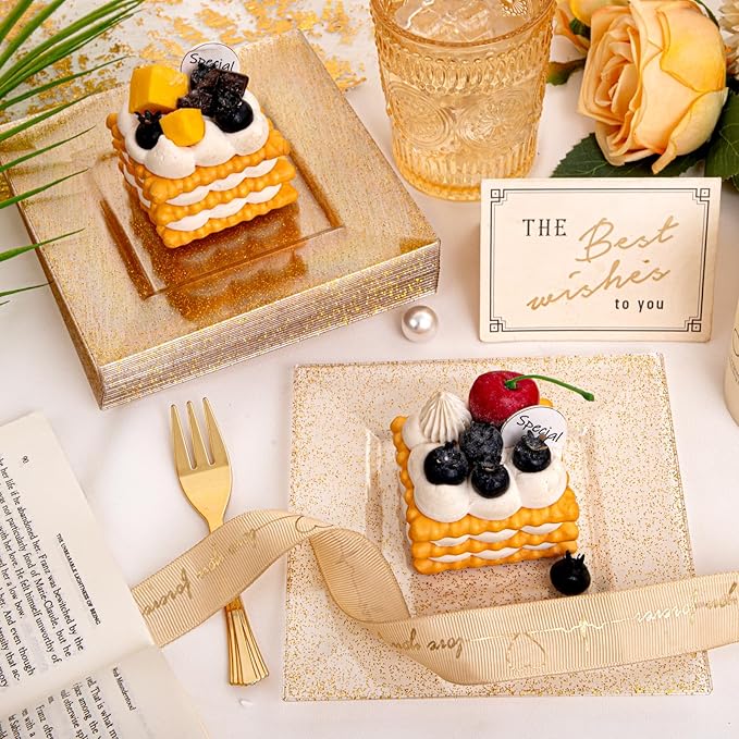 supernal 200pcs 6" Gold Dessert Plates Glitter with 5.7" Plastic Forks,Disposable Square Plates for 100 Guests,Party Plastic Salad Plate Appetizer Square Plates Suit for Party, Wedding