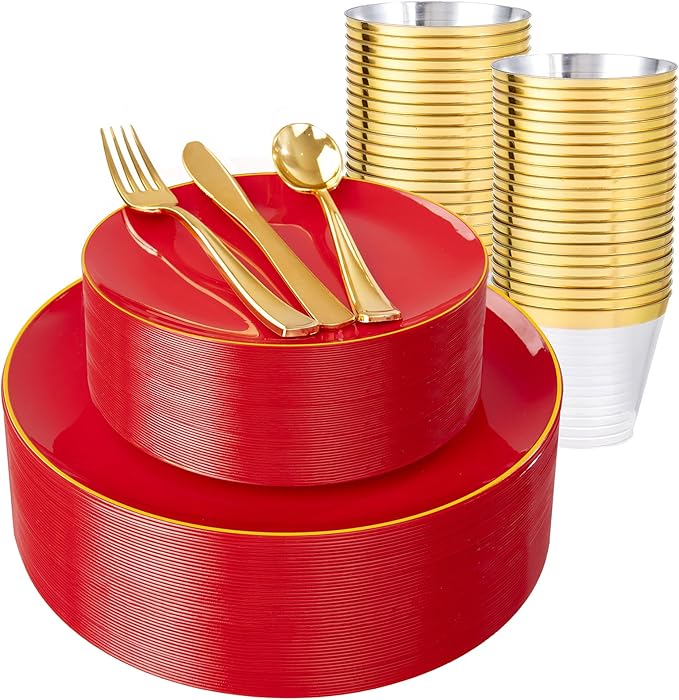 WDF 150Pcs Red Plastic Plates - Red Plates Disposable - 25Guest Christmas Dinnerware Include 25 Dinner Plate, 25 Dessert Plate, 75 Cutlery & 25 9oz Cups for Parties Valentine's Day