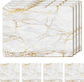 Set of 4 Heat Resistant Cork Placemats for Dining Table with Free Set of 4 Matching Drink Coasters Marble Design 16 x 12 Inches Cork Backed Hard Placemats (Foiled Gold)