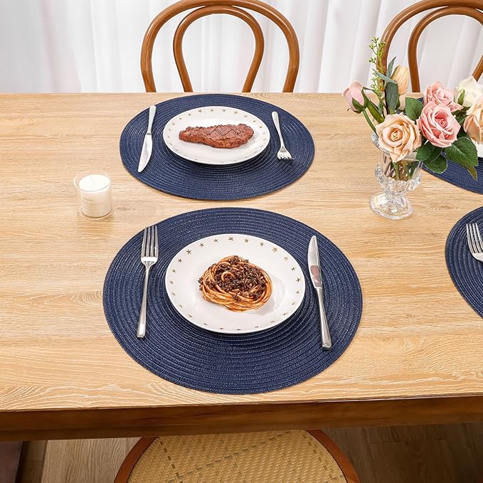 SHACOS 15 inch Navy Blue Round Placemats Set of 12 for Dining Table Woven Braided Circle Place Mats Kitchen Placemat Washable Table Mats