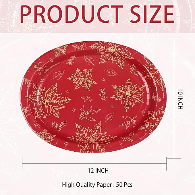 50Pcs Christmas Oval Paper Plates 10" x 12" Large Disposable Heavy Duty Red Gold Flower Poinsettia Paper Platters Xmas Poinsettia Themed Dessert Plates for Christmas Winter Holiday Party Supplies