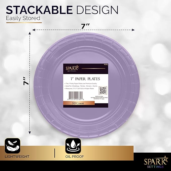 Disposable Paper Plates Lavender, 7 Inch Paper Dessert Plates, Strong and Sturdy Disposable Plate for Party, Dinner, Holiday, Picnic, or Travel Party Plate, Pack of 50