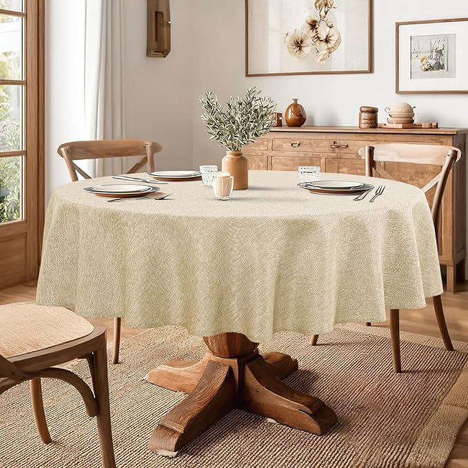 JIUZHEN Round Table Cloth Faux Linen Farmhouse Tablecloth Wrinkle and Stain Resistant Decorative Fabric Table Cover for Kitchen, Dining Room, Parties and Camping, Beige, 80 Inch Round