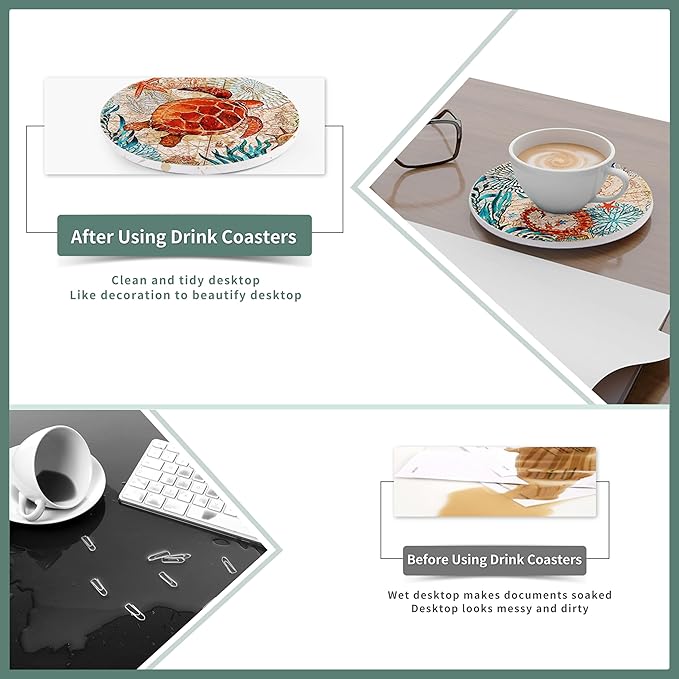 Round Absorbent Ceramic Stone Coasters, Sea Ocean Life Drinks Coasters Sets of 6, Coastal Decor Beach Theme Tropical for House Apartment Kitchen Bar Decor, Wooden Table, Coffee Table(4 Inches)