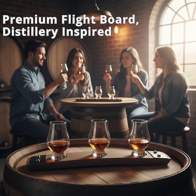 Premium Barrel Stave Whiskey Flight: Scotch & Bourbon, 3 Glencairn Crystal Glasses (No Glasses, Red Mahogany)