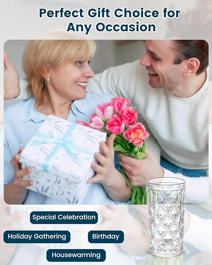 Vintage Diamond-Pattern Drinking Glasses Set of 6 – 14 oz Clear Highball Glass Cups – Embossed Retro Glassware for Water, Cocktails, Juice, Milk – Durable Thick Glass, Dishwasher Safe