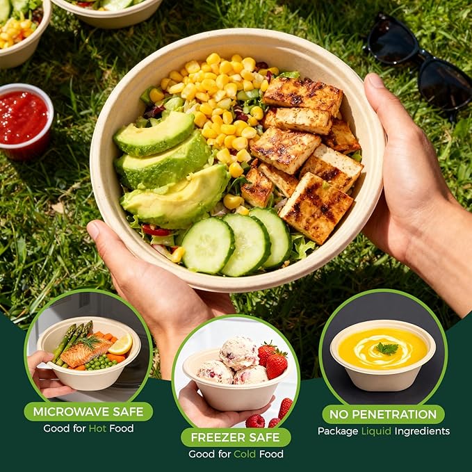 48 OZ [100 Pack] Heavy Duty Compostable Salad Bowls - 100% Sugarcane Fiber, Microwave Safe - Large Disposable Bowls for Soup, Salad, Ramen, Popcorn