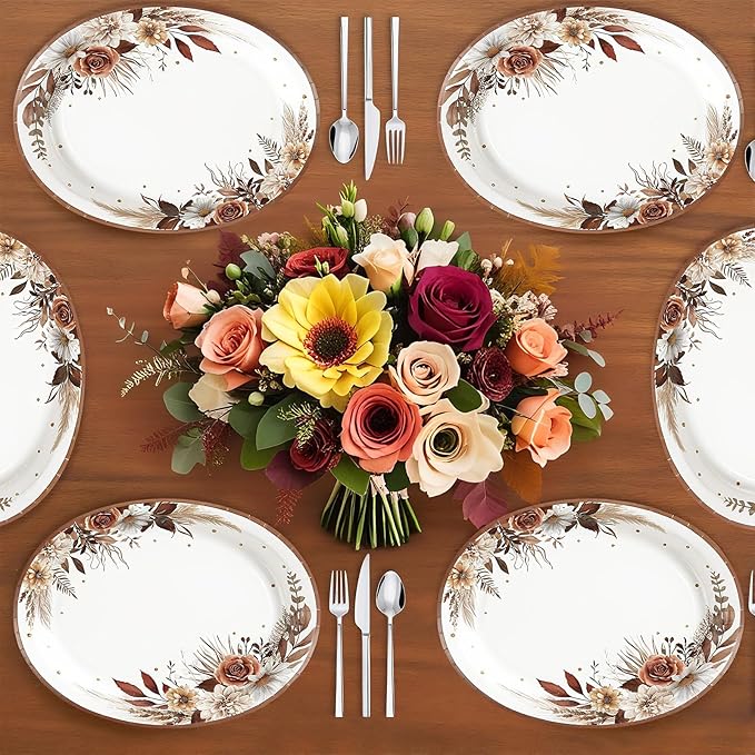 Grencian 50Pcs Fall Boho Floral Oval Paper Plates 10" x 12" Large Disposable Heavy Duty Fall Boho Rustic Dark Flower Tableware Dessert Plates for Autumn Thanksgiving Birthday Wedding Party Supplies