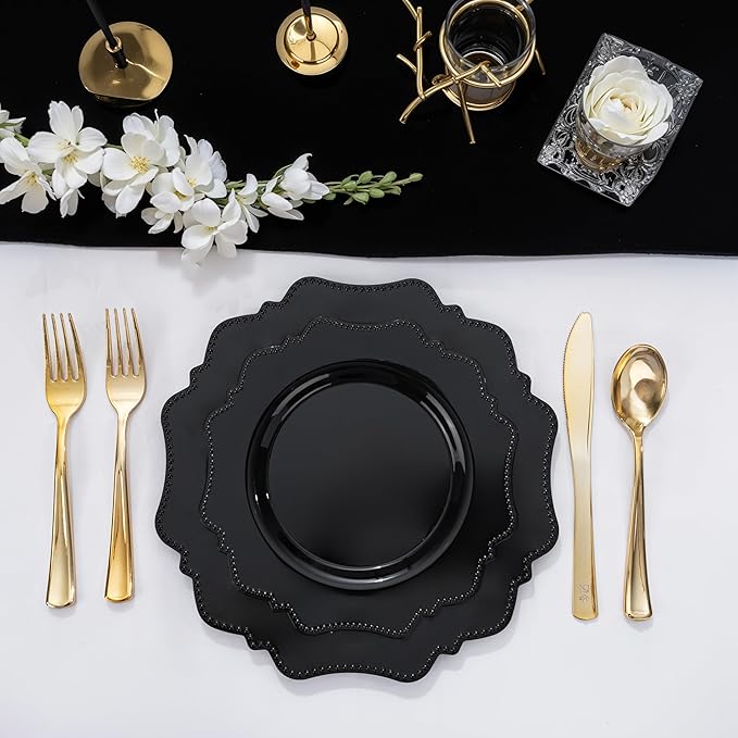 COLOSUS 100pcs Black Plastic Plates - Heavy Duty Black Plastic Plates Disposable for Party/wedding/New Year Include 50pcs Dinner Plates and 50pcs Dessert Plates.