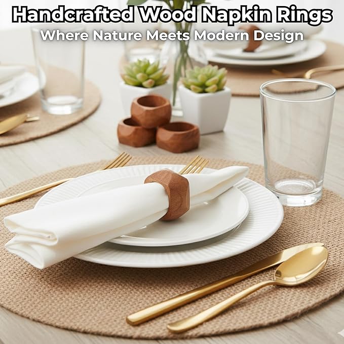 CLEENTABLE Wooden Napkin Rings Set of 12 Fall Decor for Home Square Acacia Wood Napkin Holders for Dining Table Wood Napkin Ring Rustic Table Décor for Weddings, Parties, Everyday Use (Brown)