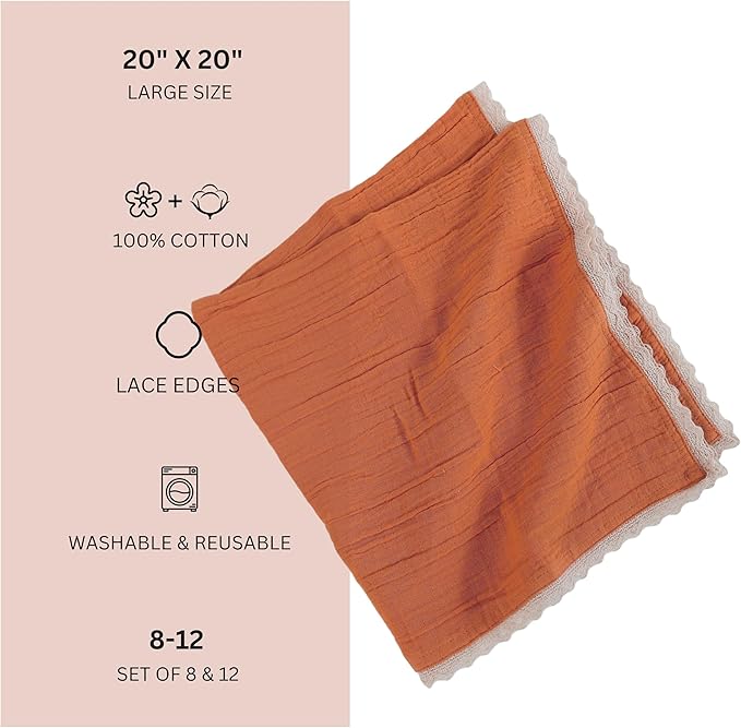 Fingercraft Dinner Cloth Napkin Cotton Muslin Double Gauze 8 Pack with Classic Lace for Everyday Use, Wedding, Party, Christmas, Easter Napkins Cloth are Pre Shrunk and Good Absorbency Rust