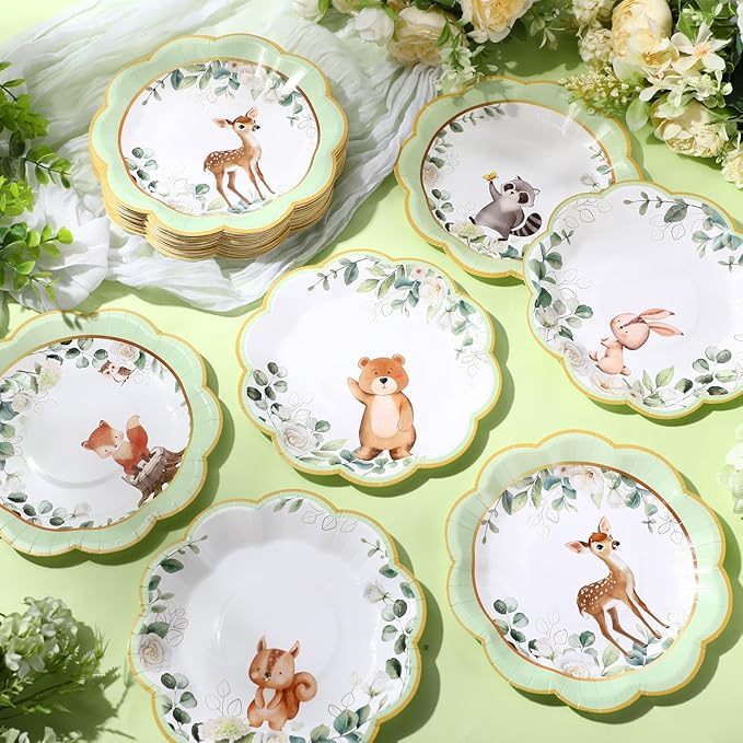 60 Pcs 7 Inch Woodland Animals Baby Shower Paper Plates Woodland Creatures Decorations Tableware Baby Gender Neutral Plates for Forest Animal Theme and Birthday Party Supplies