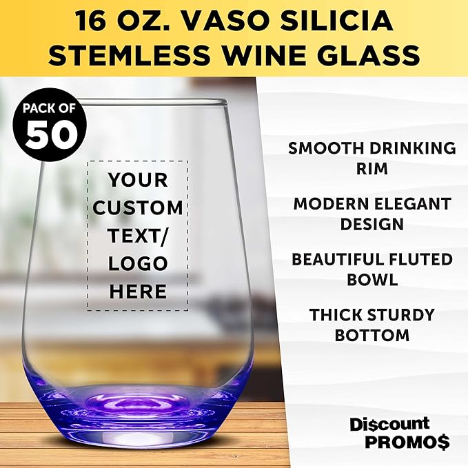 DISCOUNT PROMOS 50 Vaso Silicia Stemless Wine Glasses Set, 16 oz. - Personalized Text, Logo - Clear, Orb-Like, Thick base - Purple