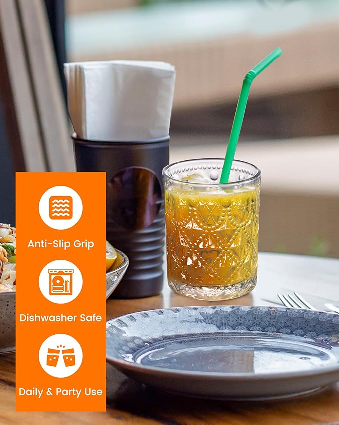 Vintage Diamond-Pattern Drinking Glasses Set of 6 – 12 oz Clear Short Glass Cups – Embossed Retro Glassware for Water, Cocktails, Whiskey, Juice – Thick Clear Glass, Dishwasher Safe