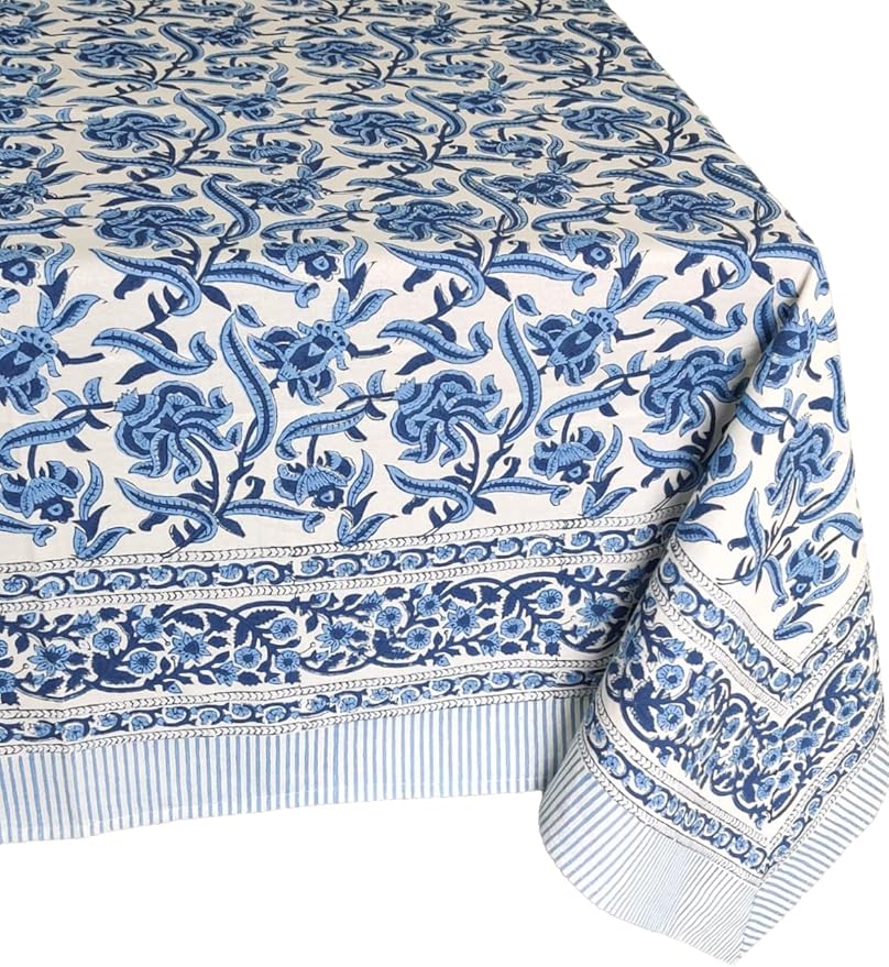 ATOSII Midnight Bloom 100% Cotton Fall Tablecloth, Handblock Print Blue Rectangle Table Cloth for Kitchen Dining Table Linen I Parties Wedding Outdoor Decor 60 X 90 Inches