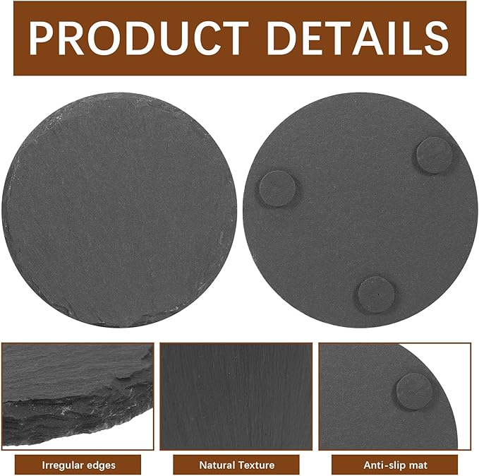 12 PCS Black Natural Slate Coasters Bulk Set 4 Inch Laser Engraving Blanks with Anti Scratch Bottoms for Home, Office, Bar, Gifts Round Coasters